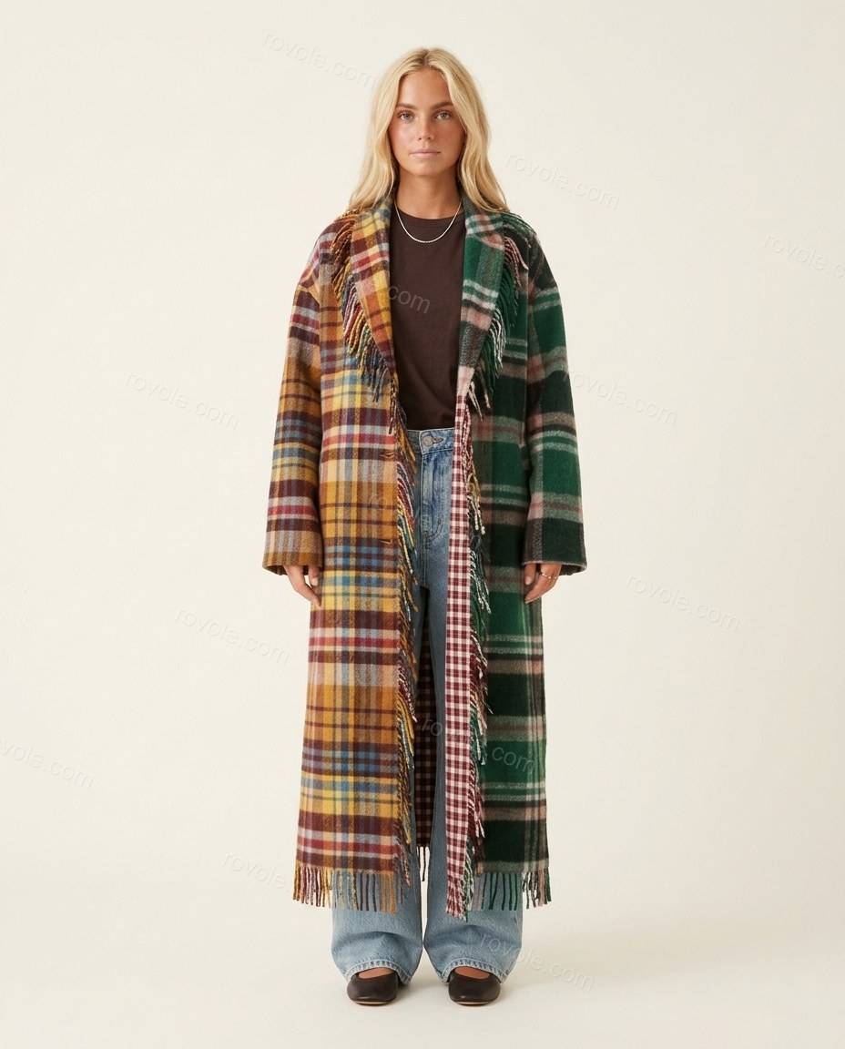 Green Plaid Fringe Coat, front studio view, by rovole.com