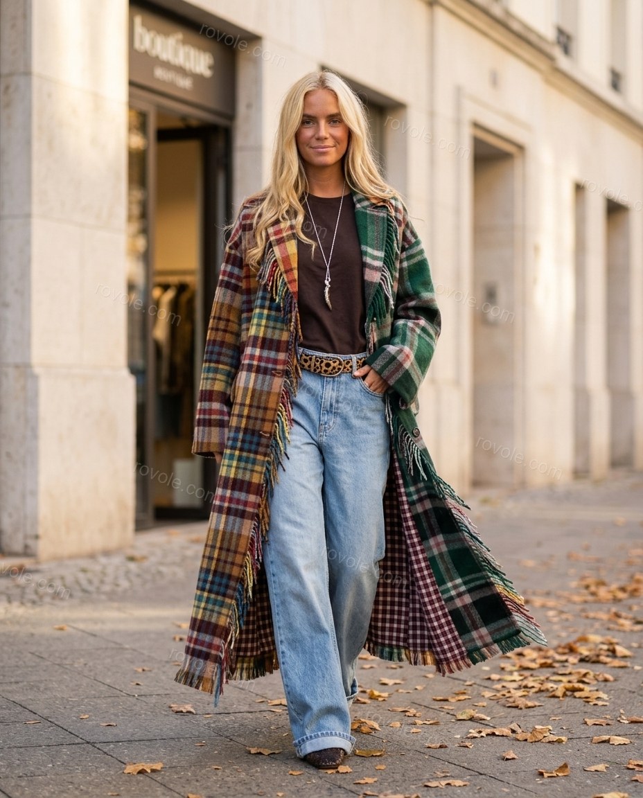 Green Plaid Fringe Coat, full-length hero view, by rovole.com