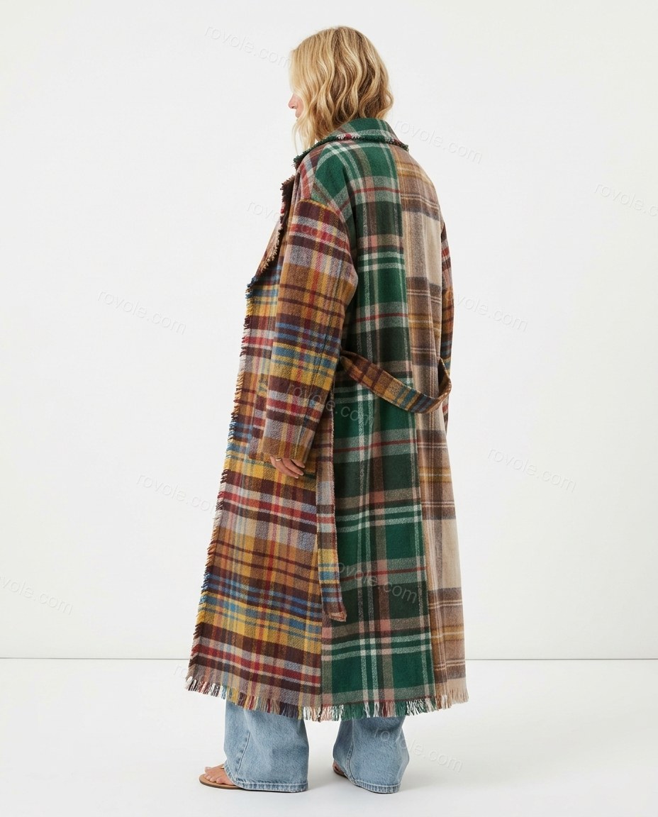 Green Plaid Fringe Coat, back studio view, by rovole.com
