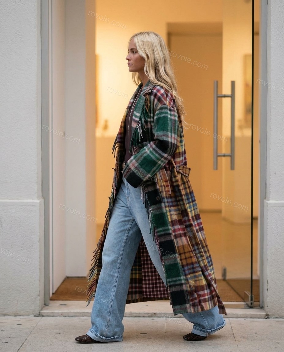 Green Plaid Fringe Coat, walking lifestyle view, by rovole.com