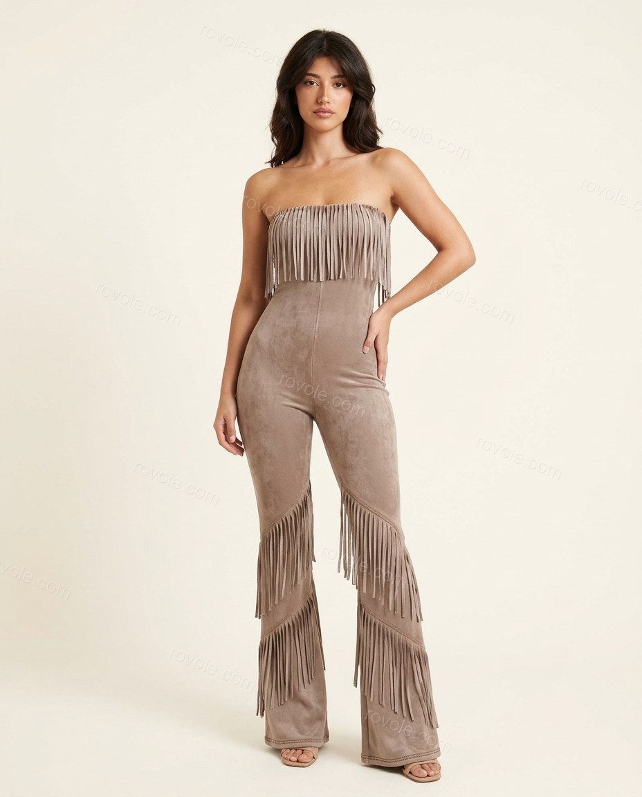 Taupe Strapless Fringe Knit Jumpsuit, front studio view, by rovole.com
