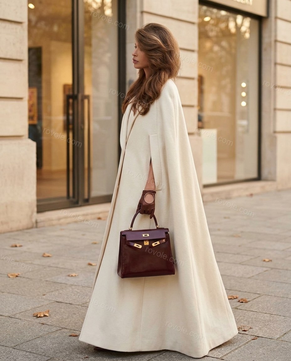 Cream Cape Coat, walking lifestyle view, by rovole.com