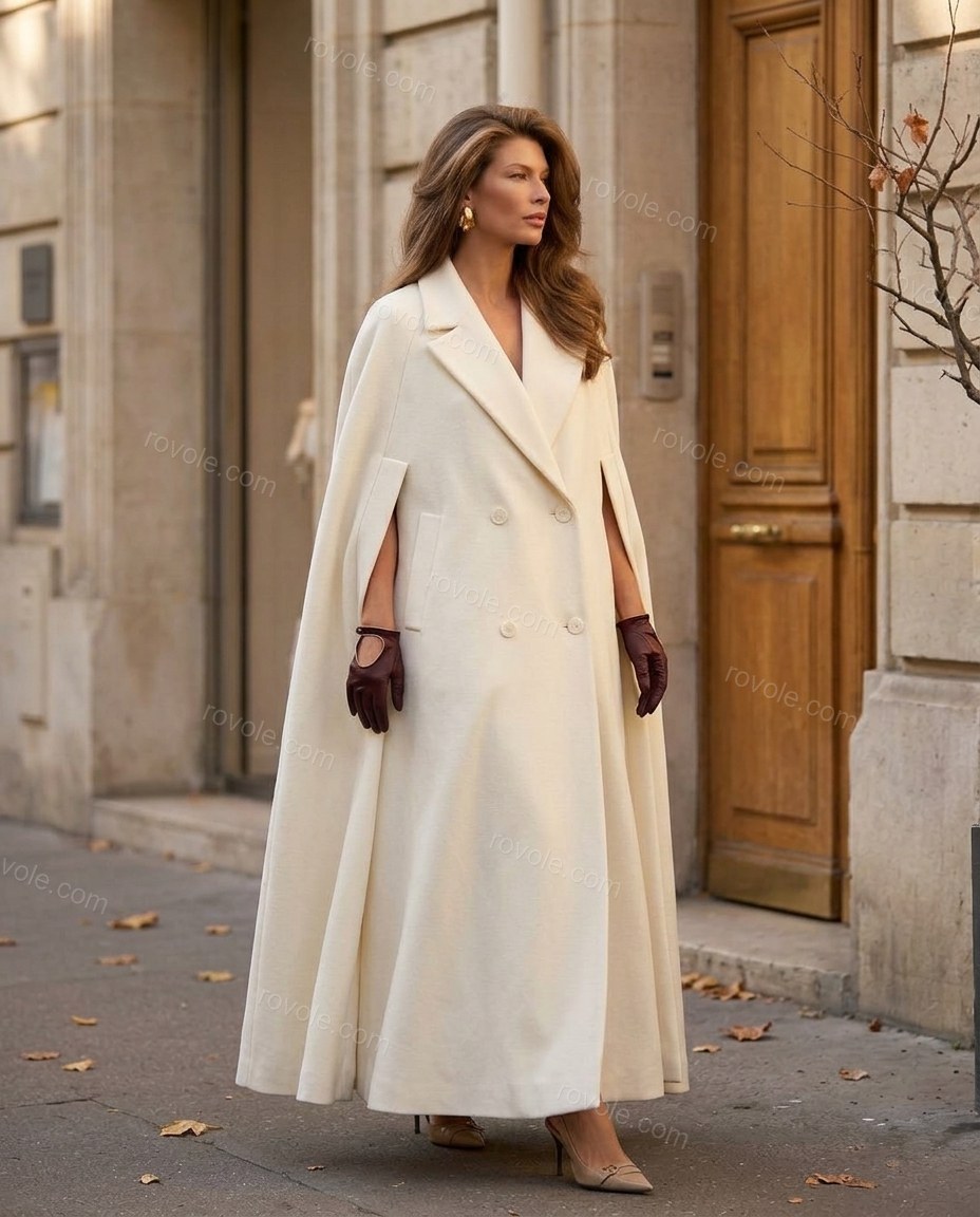 Cream Cape Coat, movement and fit lifestyle view, by rovole.com