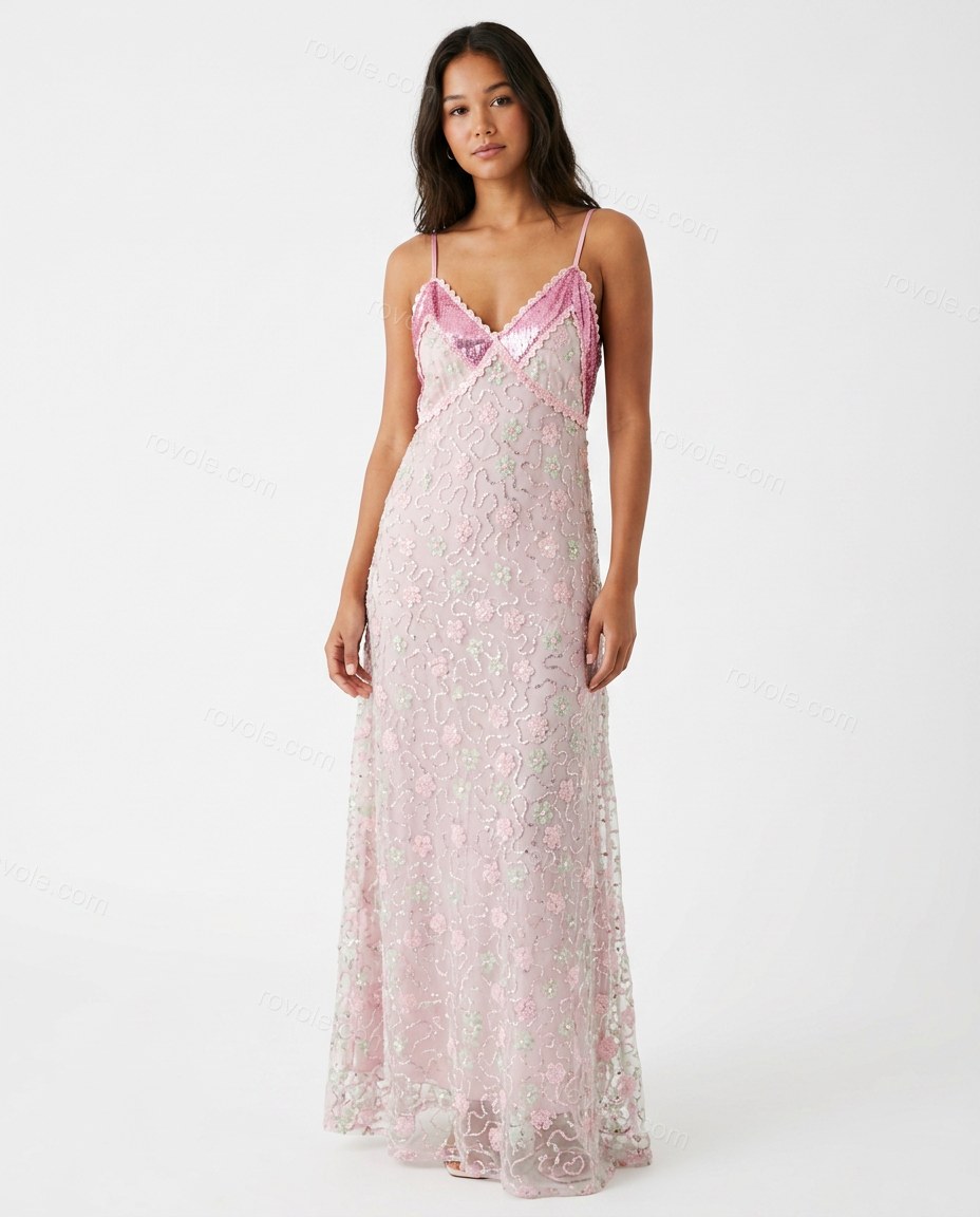 Pink Sleek Floral Embroidered Maxi Dress by Rovole