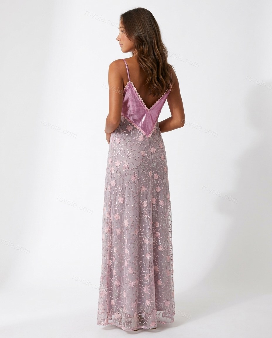 Pink Sleek Floral Embroidered Maxi Dress by Rovole