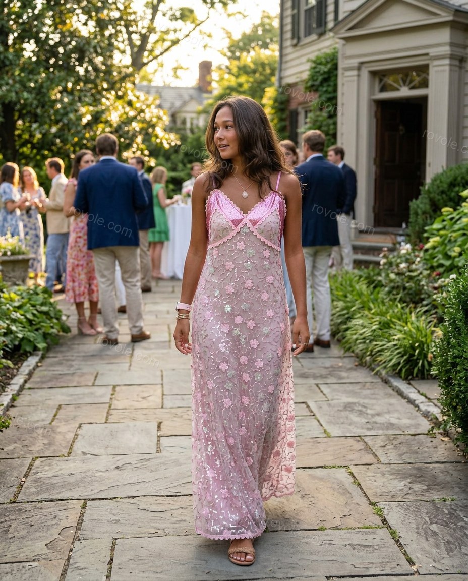 Pink Sleek Floral Embroidered Maxi Dress by Rovole