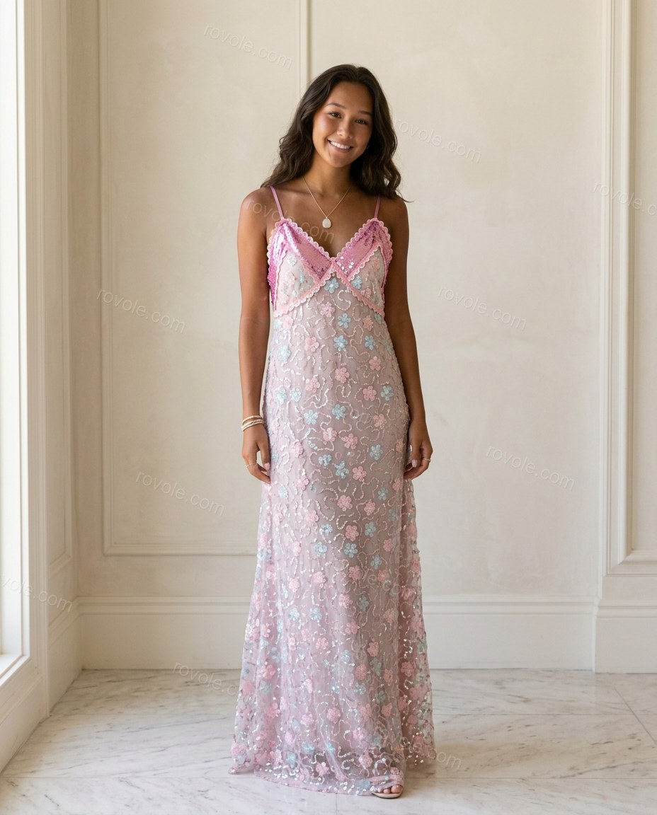 Pink Sleek Floral Embroidered Maxi Dress by Rovole