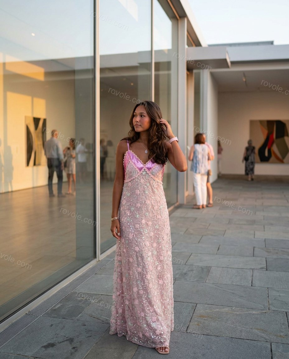 Pink Sleek Floral Embroidered Maxi Dress by Rovole