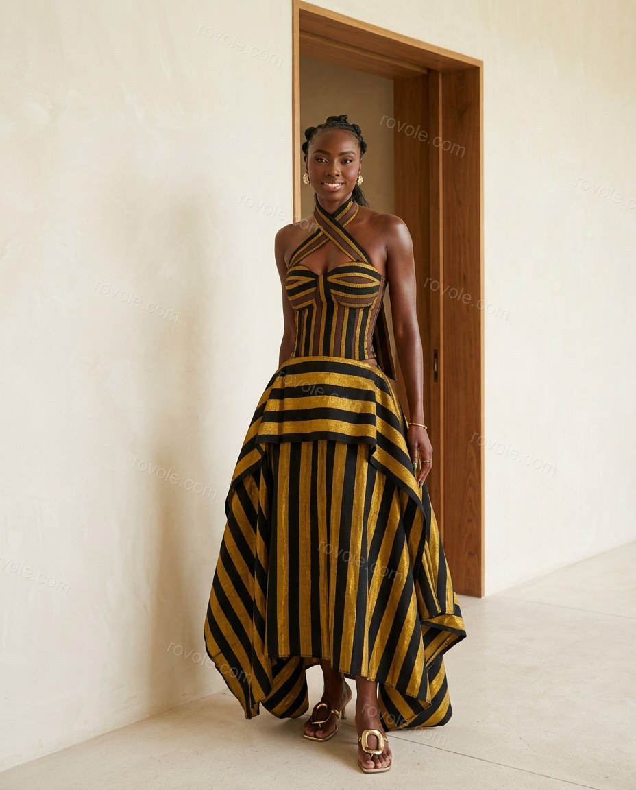 Gold Elevated Jacquard Maxi Dress by Rovole