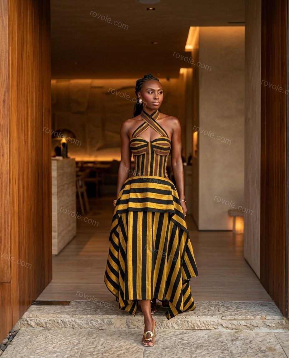 Gold Elevated Jacquard Maxi Dress by Rovole