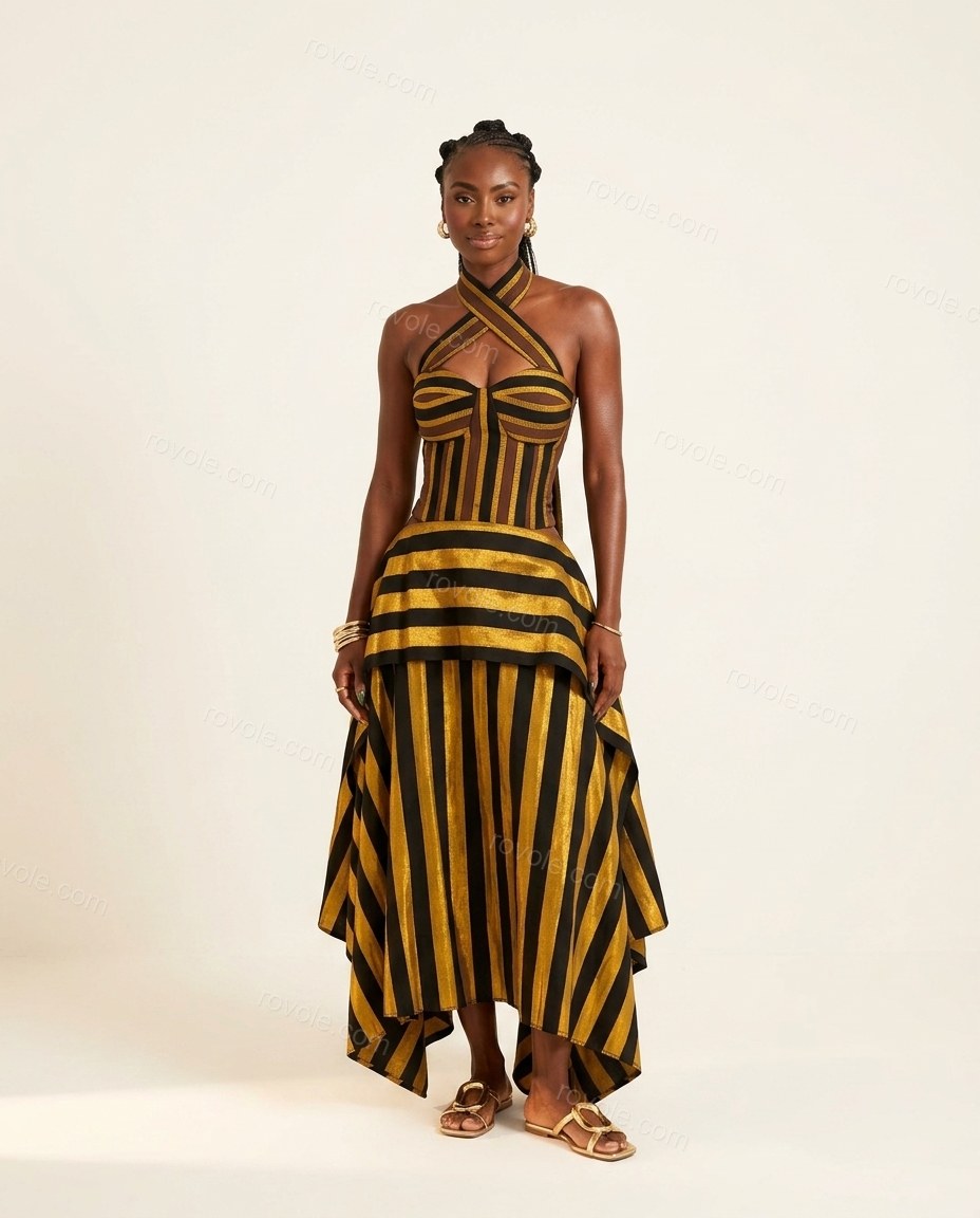 Gold Elevated Jacquard Maxi Dress by Rovole