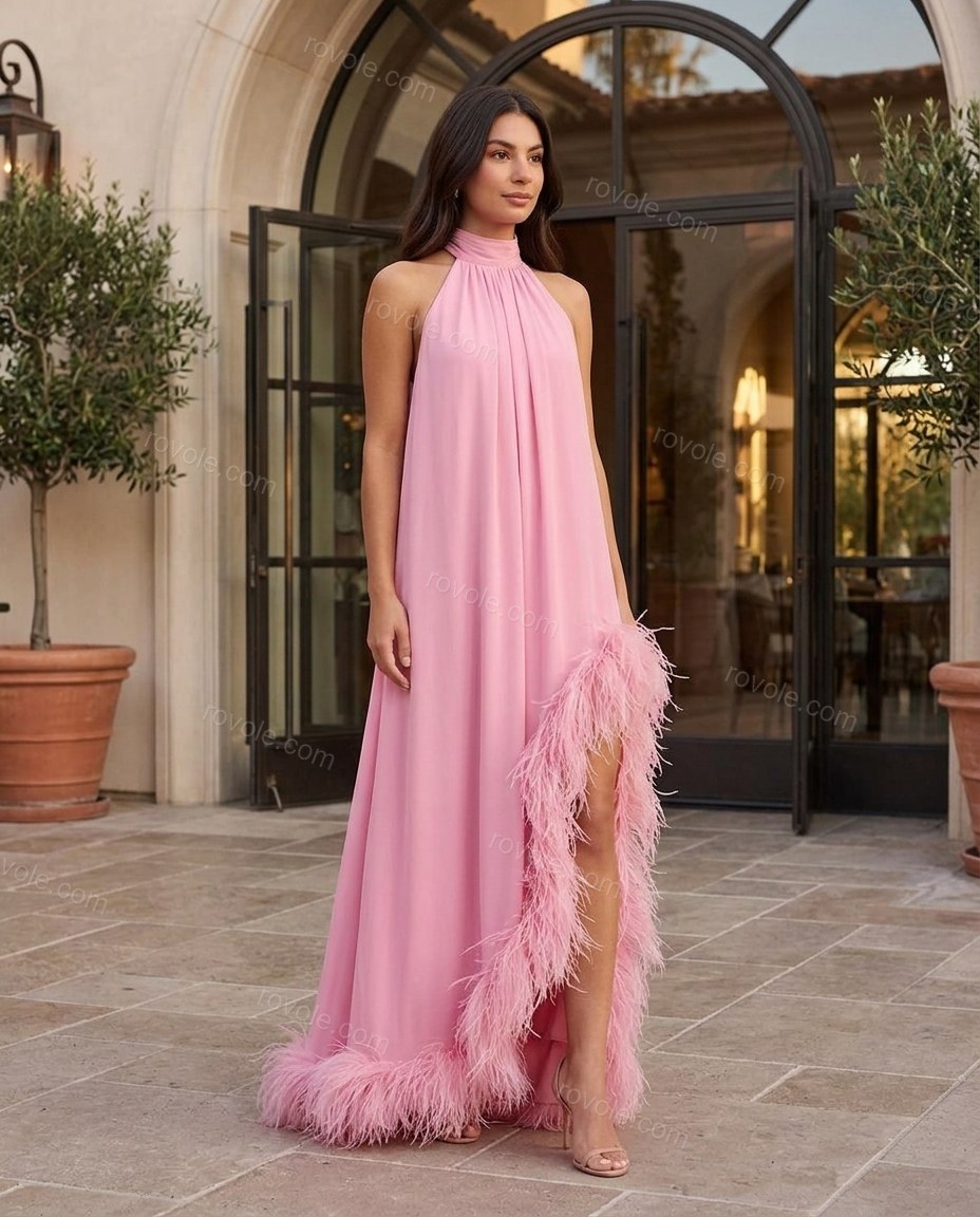 Pink Maxi Halter Feather-Trim Dress, alternate use-case lifestyle view, by rovole