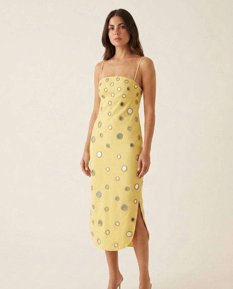 Yellow Midi Embroidered Mirror-Disc Dress, front studio view, by rovole