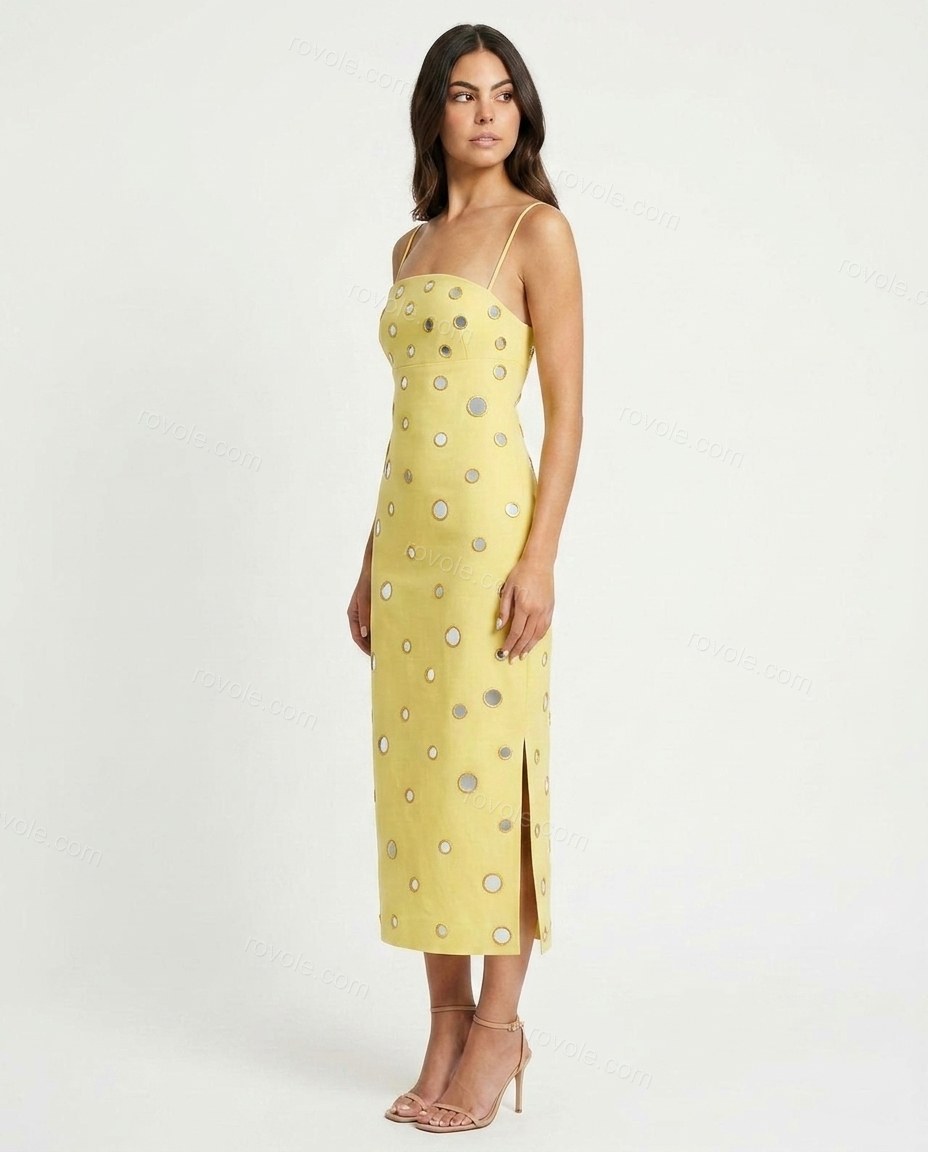 Yellow Midi Embroidered Mirror-Disc Dress, side and back studio view, by rovole
