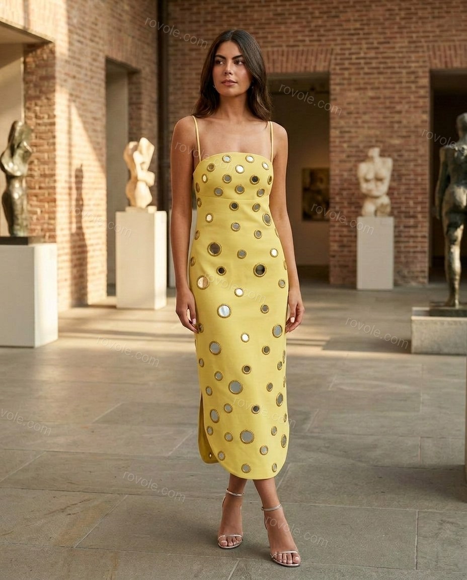 Yellow Midi Embroidered Mirror-Disc Dress, three-quarter brand lifestyle view, by rovole