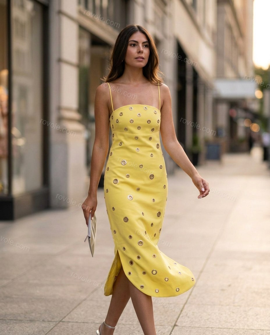 Yellow Midi Embroidered Mirror-Disc Dress, walking lifestyle view, by rovole