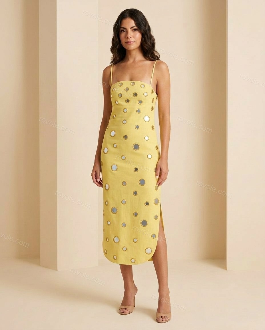 Yellow Midi Embroidered Mirror-Disc Dress, full-length hero view, by rovole