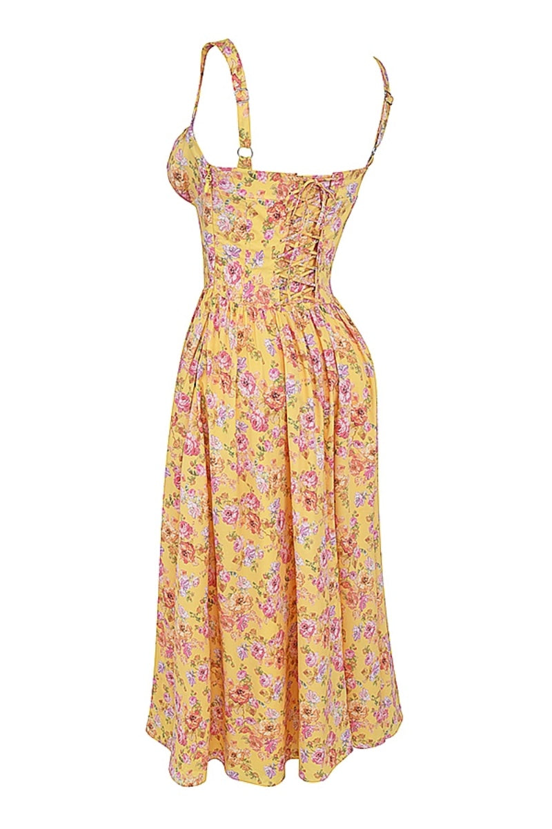 Tatiana Yellow Floral Print Midi Dress-ROVOLE