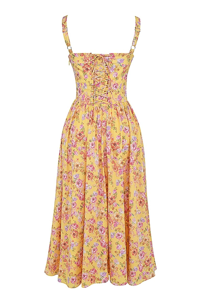 Tatiana Yellow Floral Print Midi Dress-ROVOLE