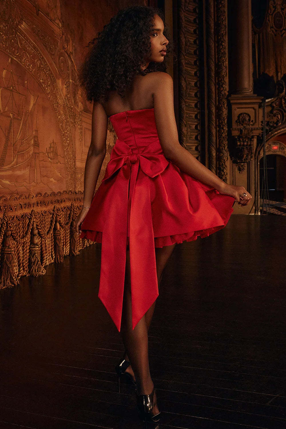 Red Satin Detachable Bow Mini Dress-ROVOLE