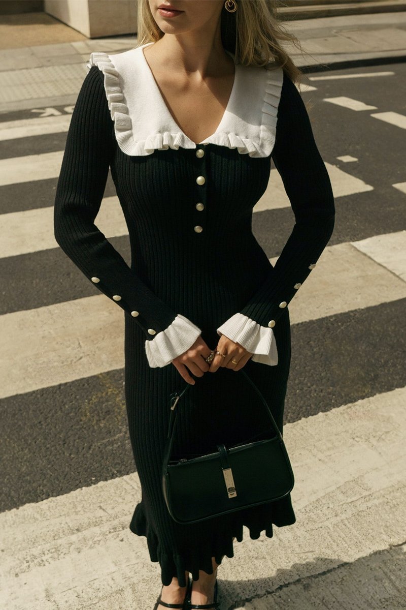 Sicily Ruffle Pearl Midi Knit Dress-ROVOLE