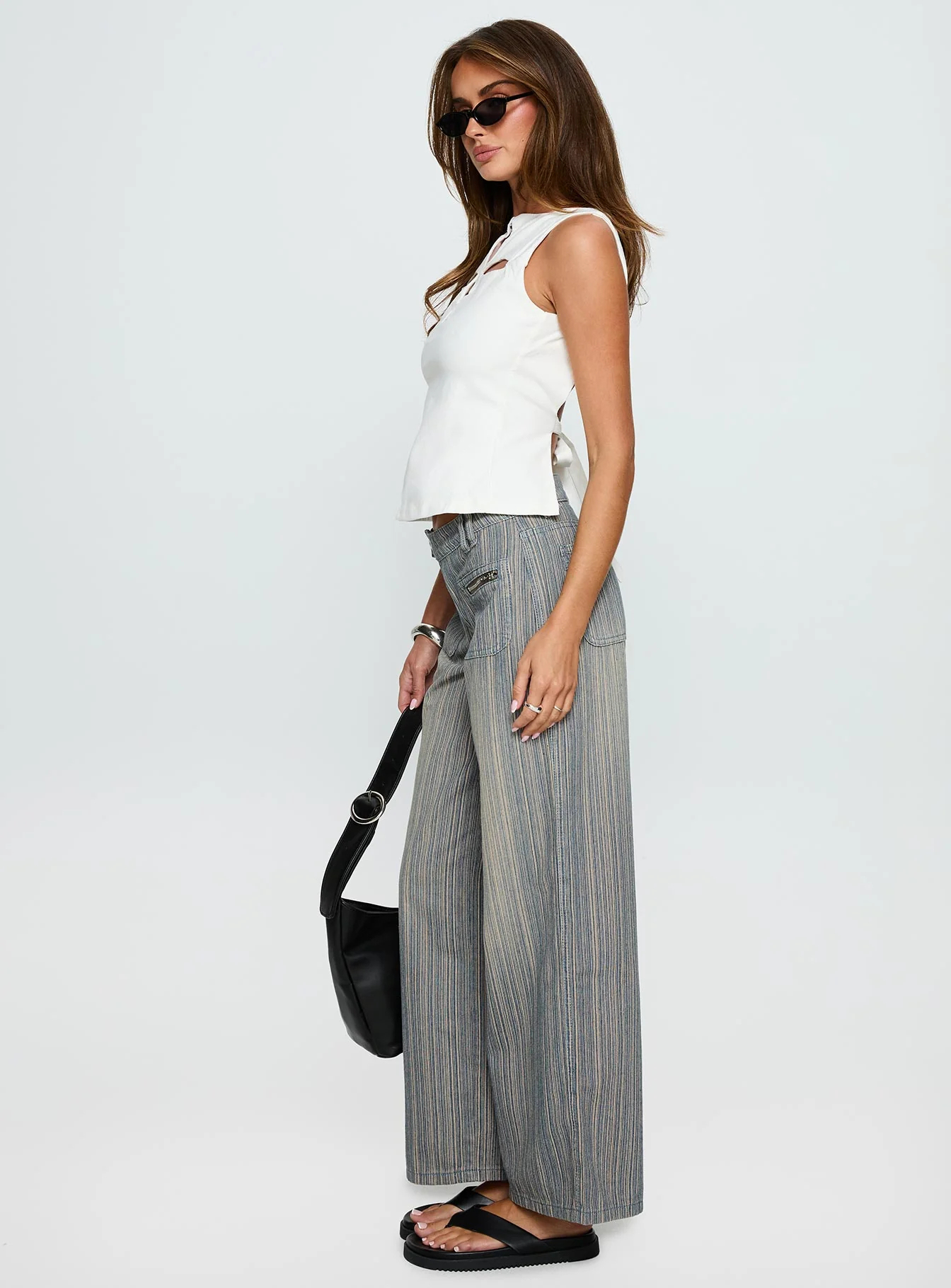 Peplum Cutout Top & Denim Striped Pants Outfit