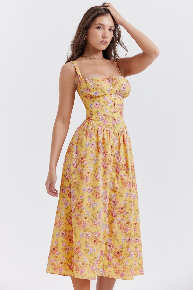 Tatiana Yellow Floral Print Midi Dress-ROVOLE