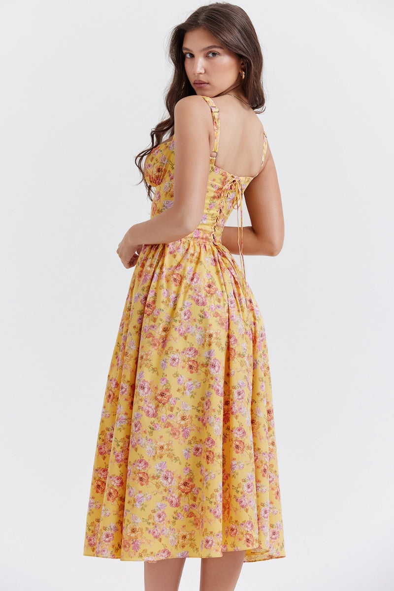 Tatiana Yellow Floral Print Midi Dress-ROVOLE