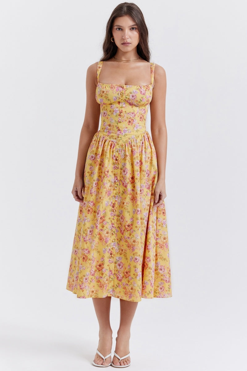 Tatiana Yellow Floral Print Midi Dress-ROVOLE