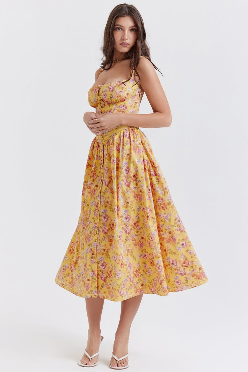 Tatiana Yellow Floral Print Midi Dress-ROVOLE