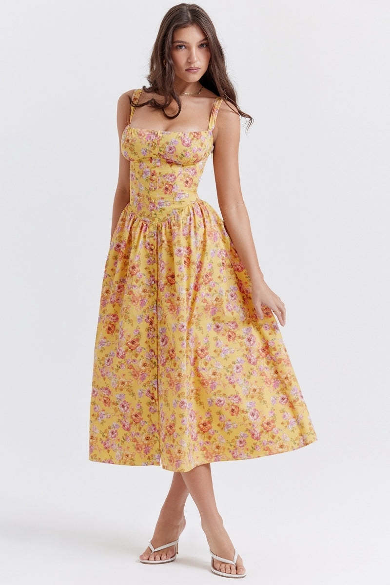 Tatiana Yellow Floral Print Midi Dress-ROVOLE