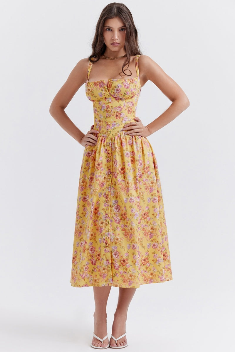 Tatiana Yellow Floral Print Midi Dress-ROVOLE
