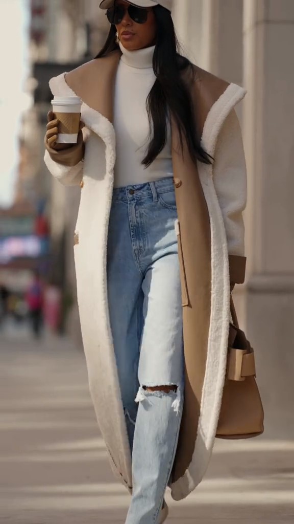 Leather Shearling Wrap Coat-ROVOLE