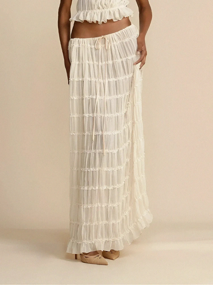 Charm Pleated Drawstring Waist Tiered Maxi Skirt-ROVOLE