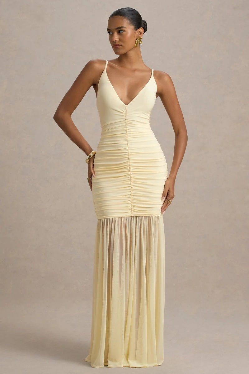 Pale Lemon Ruched Plunge-Neck Maxi Dress-ROVOLE