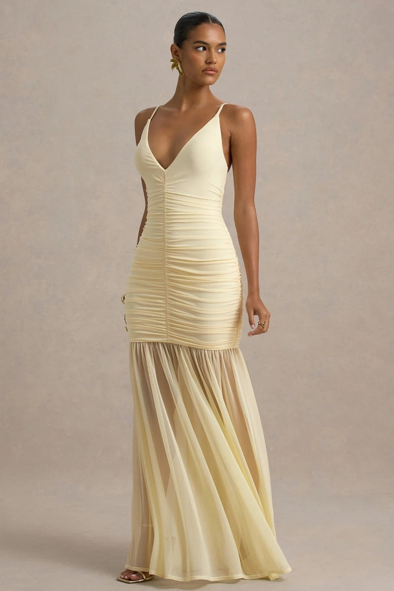 Pale Lemon Ruched Plunge-Neck Maxi Dress-ROVOLE