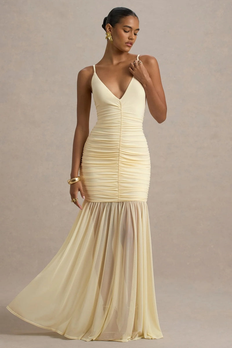 Pale Lemon Ruched Plunge-Neck Maxi Dress-ROVOLE