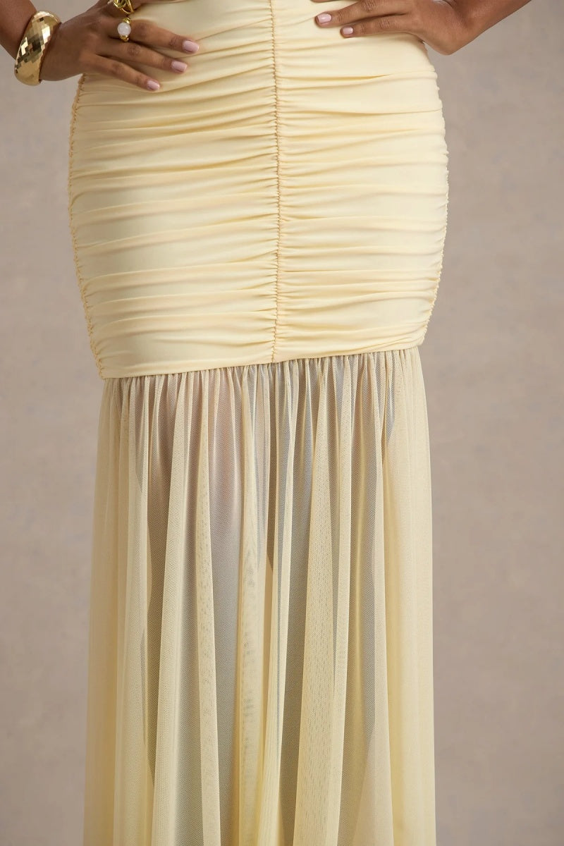 Pale Lemon Ruched Plunge-Neck Maxi Dress-ROVOLE