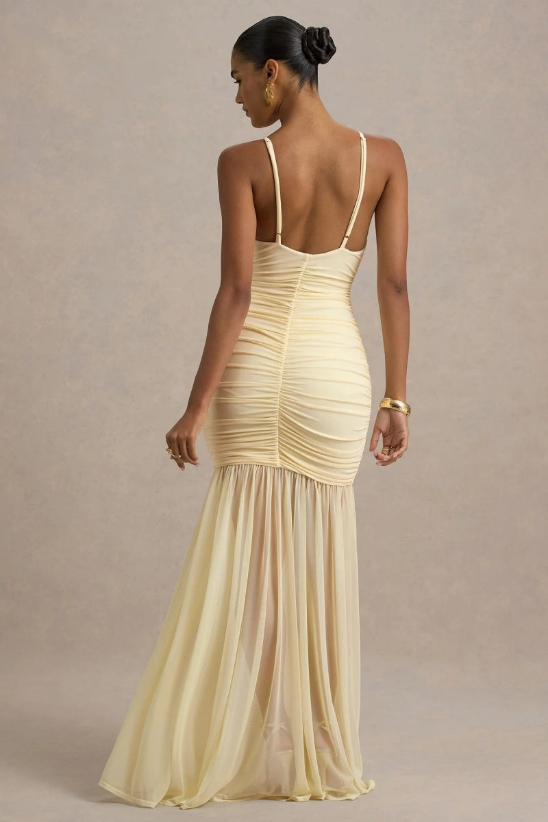 Pale Lemon Ruched Plunge-Neck Maxi Dress-ROVOLE