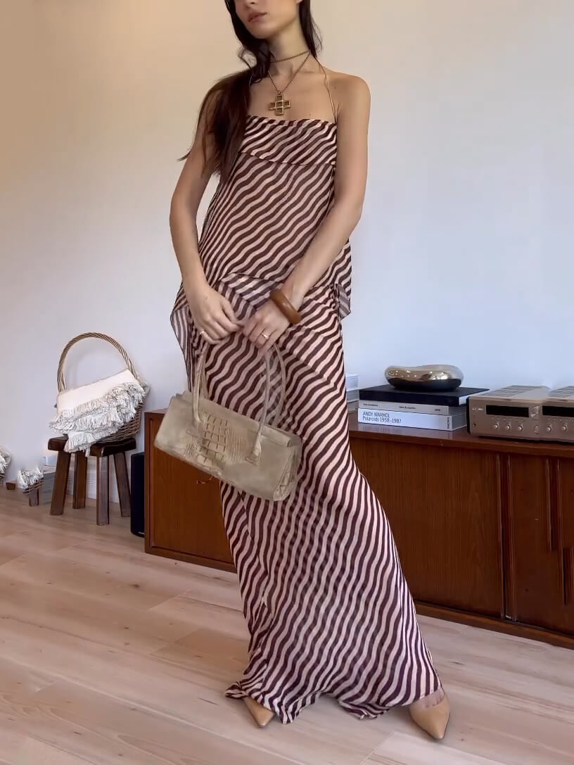 Callistari Striped Sexy Slim Fit Halter Top And Skirt Two-Piece Set-CALLISTARI