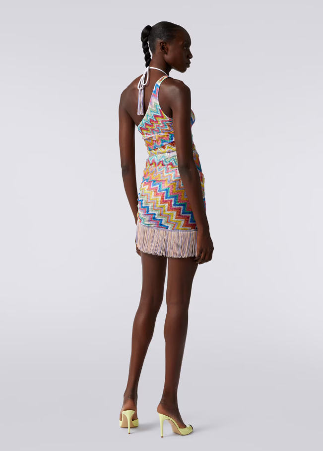 One-shoulder Fringed Crochet-knit Mini Dress