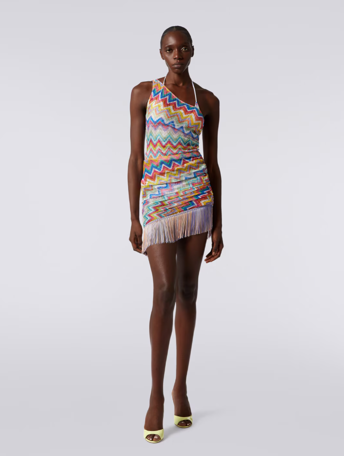 One-shoulder Fringed Crochet-knit Mini Dress