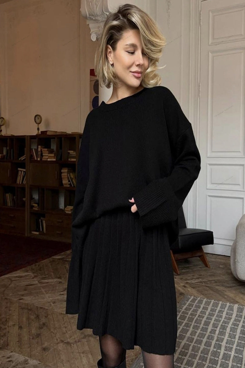 Solid Color Pullover Round Neck Sweater & Pleated Skirt Set-ROVOLE