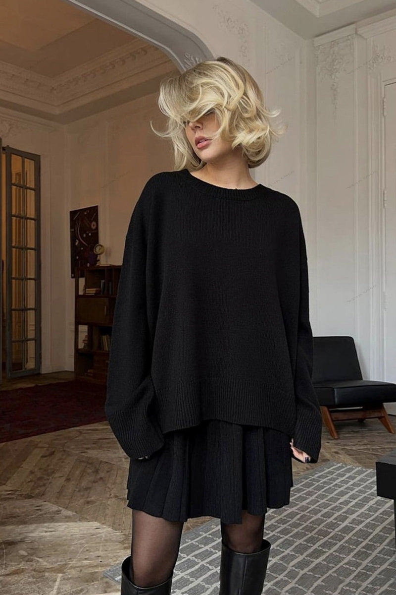 Solid Color Pullover Round Neck Sweater & Pleated Skirt Set-ROVOLE