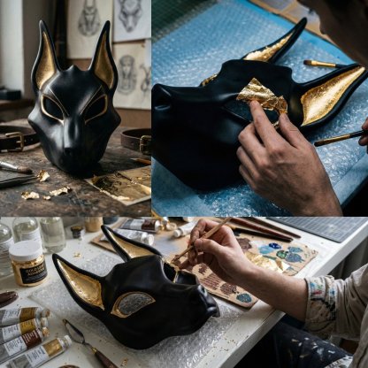 Egyptian Anubis Mask: Hand-Painted Faux Gold Leaf Jackal Mask for Cosplay & Luxury Wall Decor