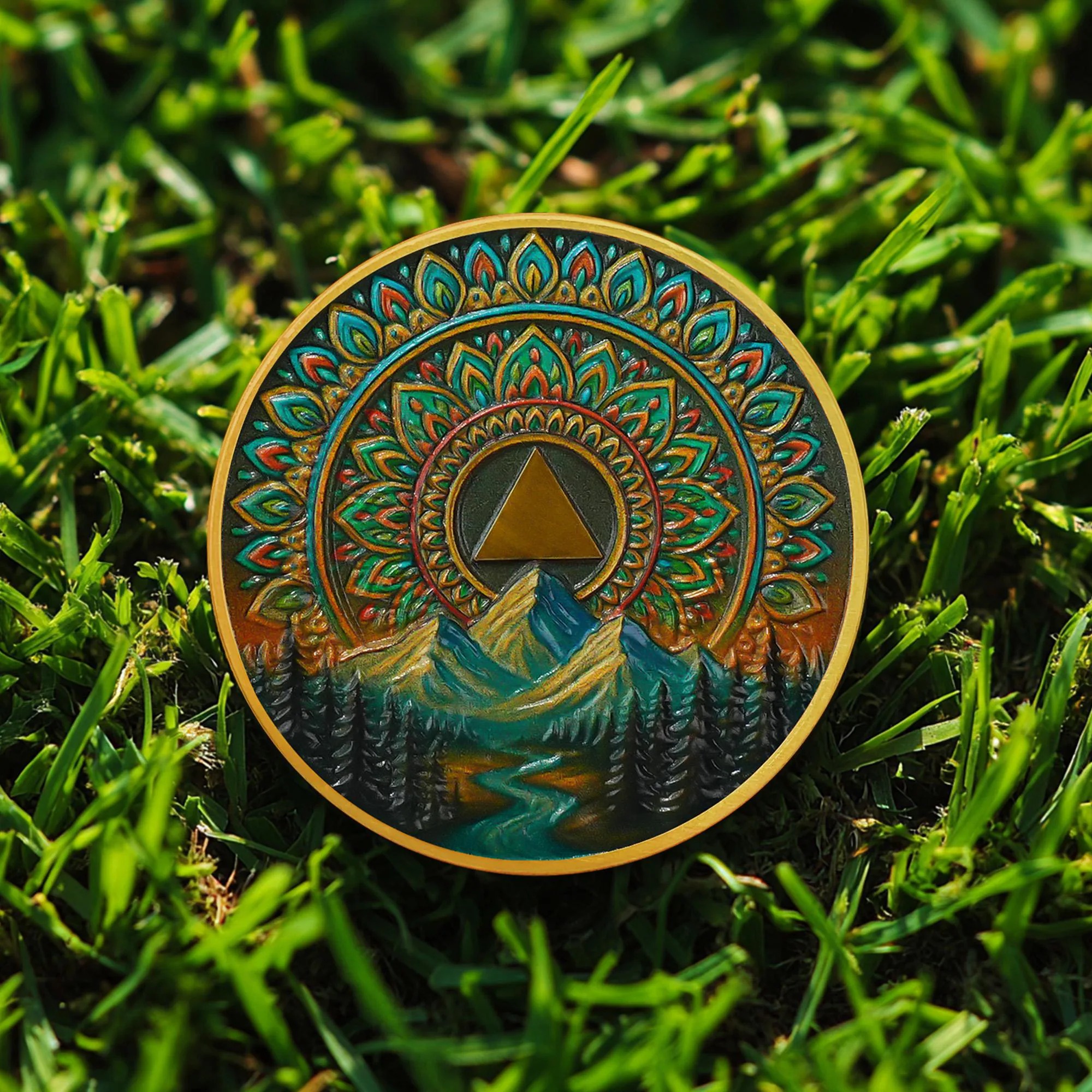 AA Sobriety Coin 1–99 Years · Valley Mandala Serenity Prayer Token