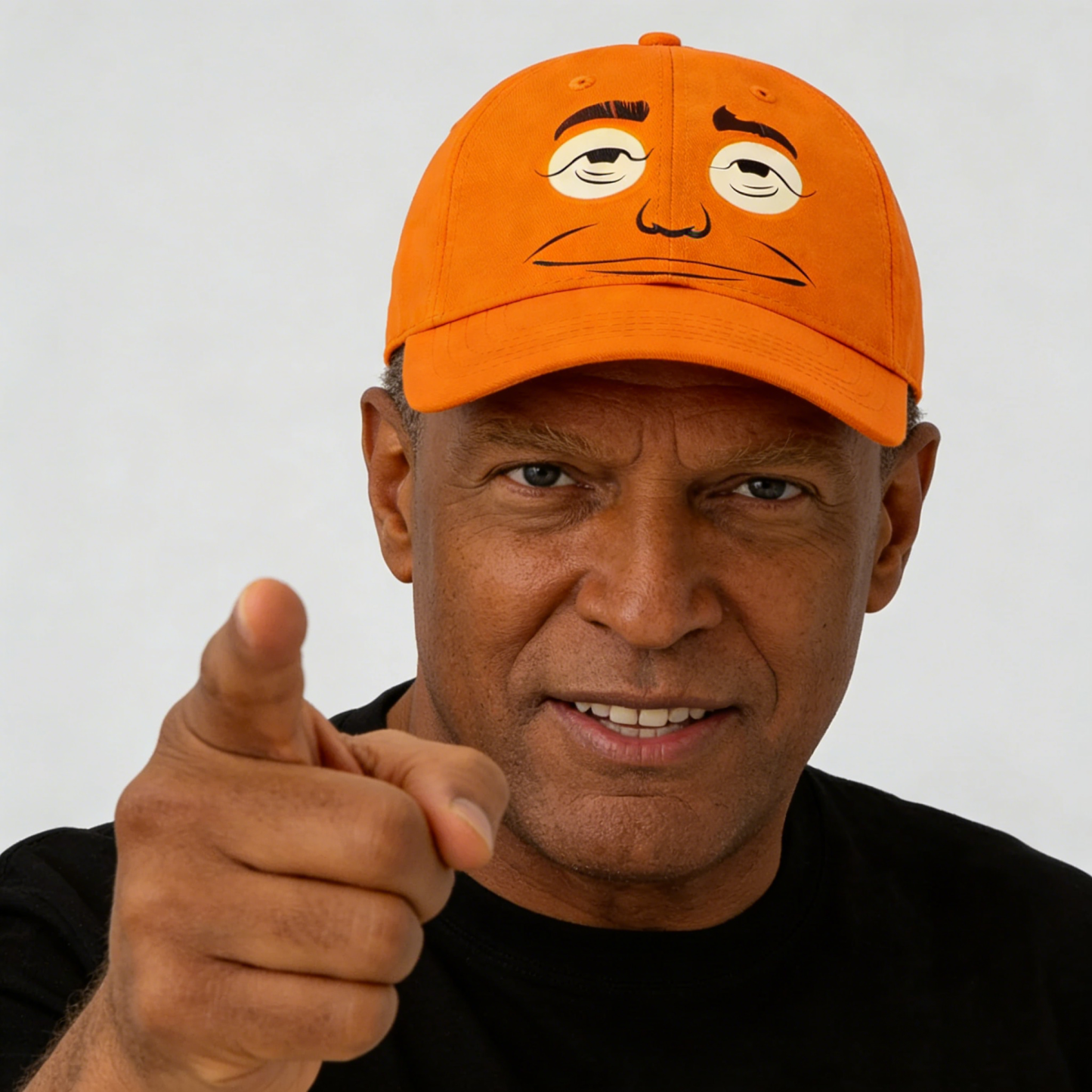Expressionless orange-faced golf cap