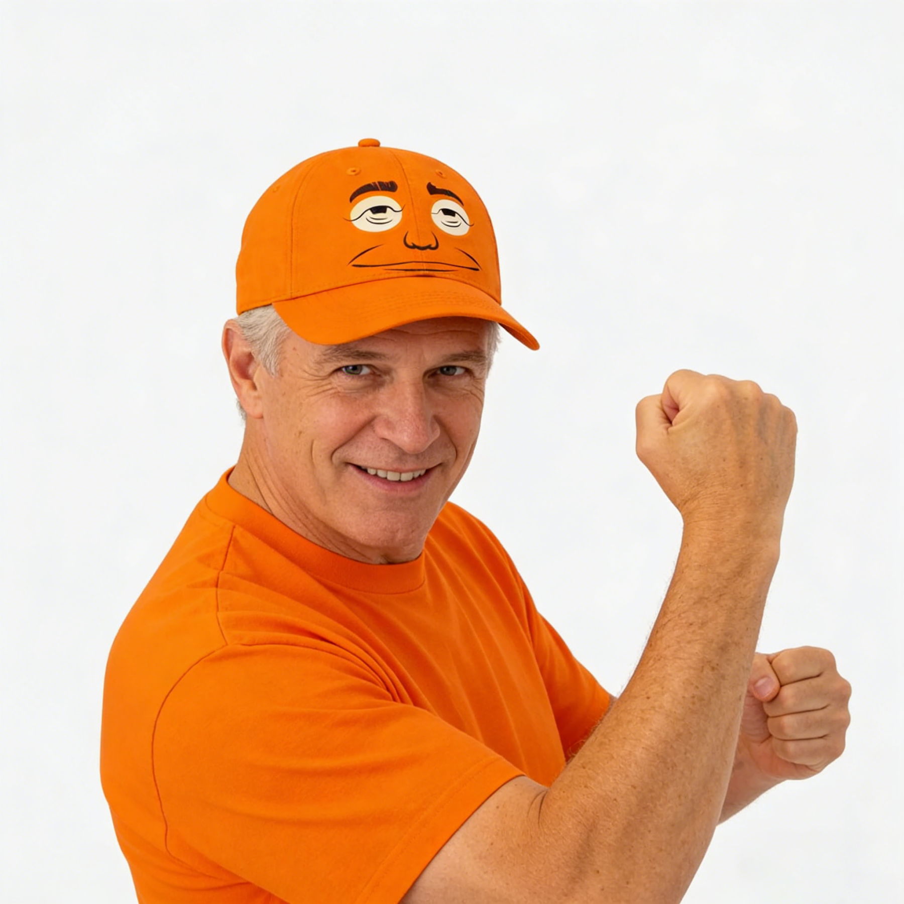 Expressionless orange-faced golf cap