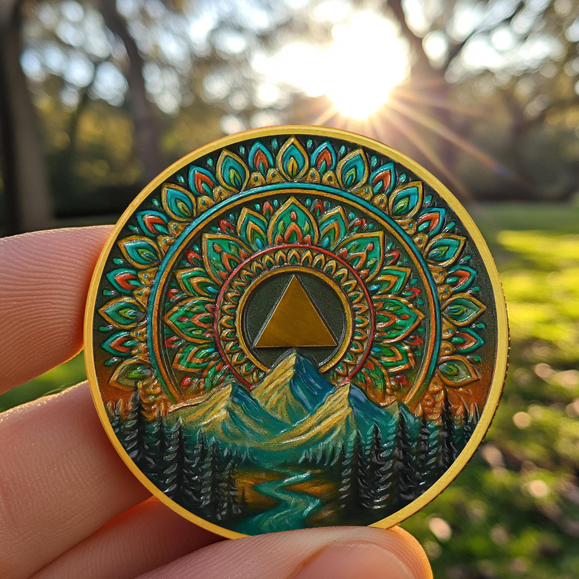 AA Sobriety Coin 1–99 Years · Valley Mandala Serenity Prayer Token