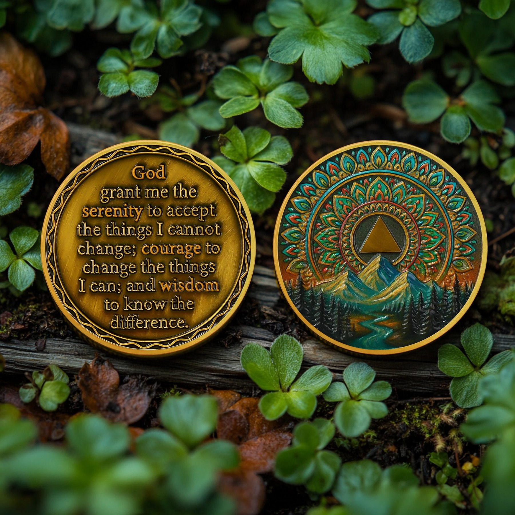 AA Sobriety Coin 1–99 Years · Valley Mandala Serenity Prayer Token